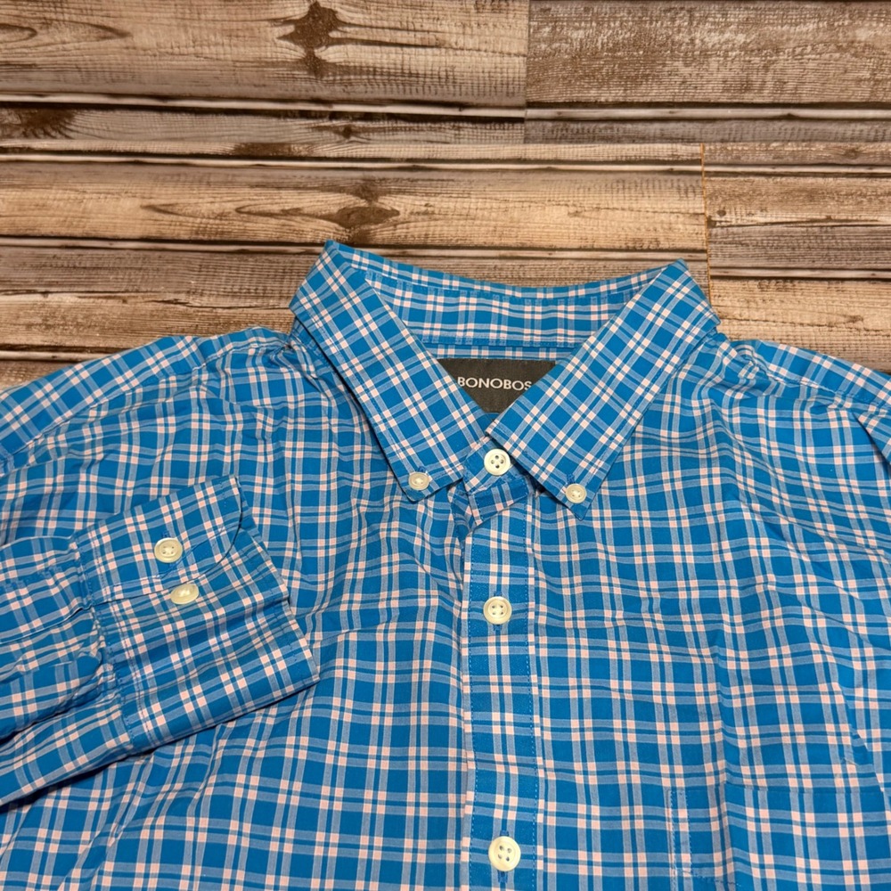 Bonobos Button Down Shirt Mens XXL Blue Pink Plaid Slim Fit Long Sleeve Cotton